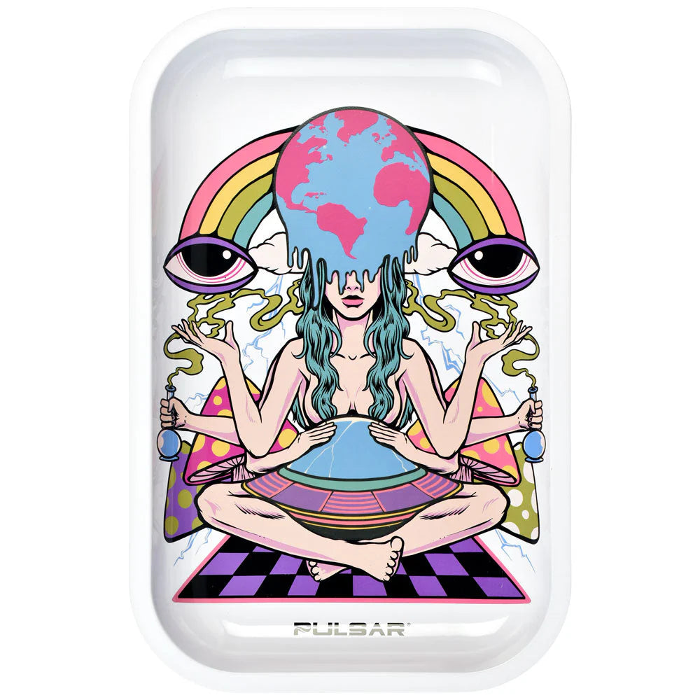 Pulsar Glow in Dark Metal Rolling Tray w/ Lid - Meditation / 11"x7"